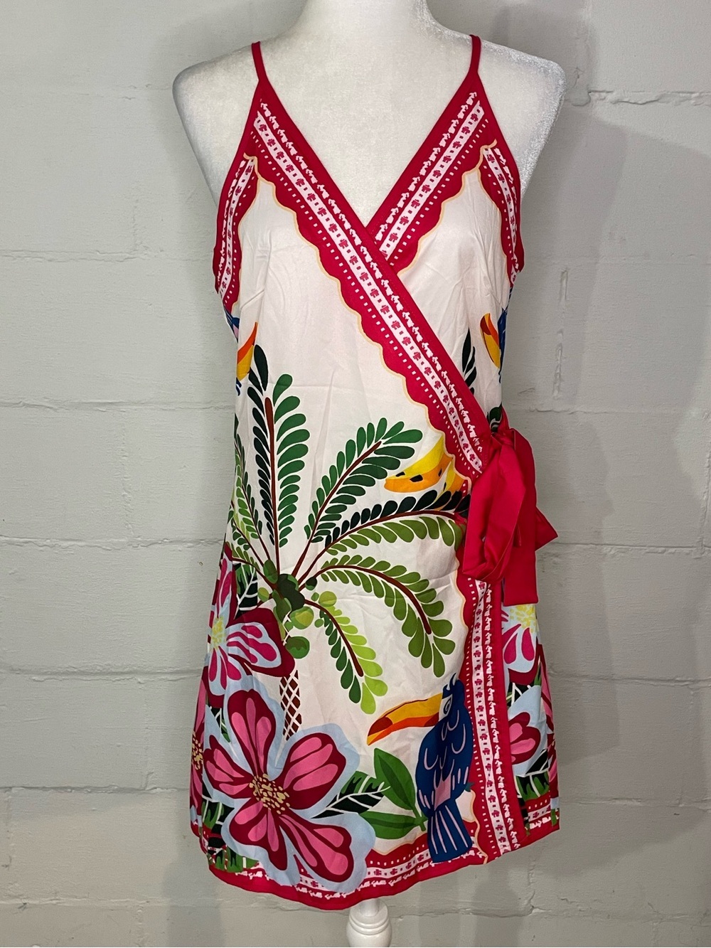 Tropical Floral Wrap Mini Dress in White and Pink